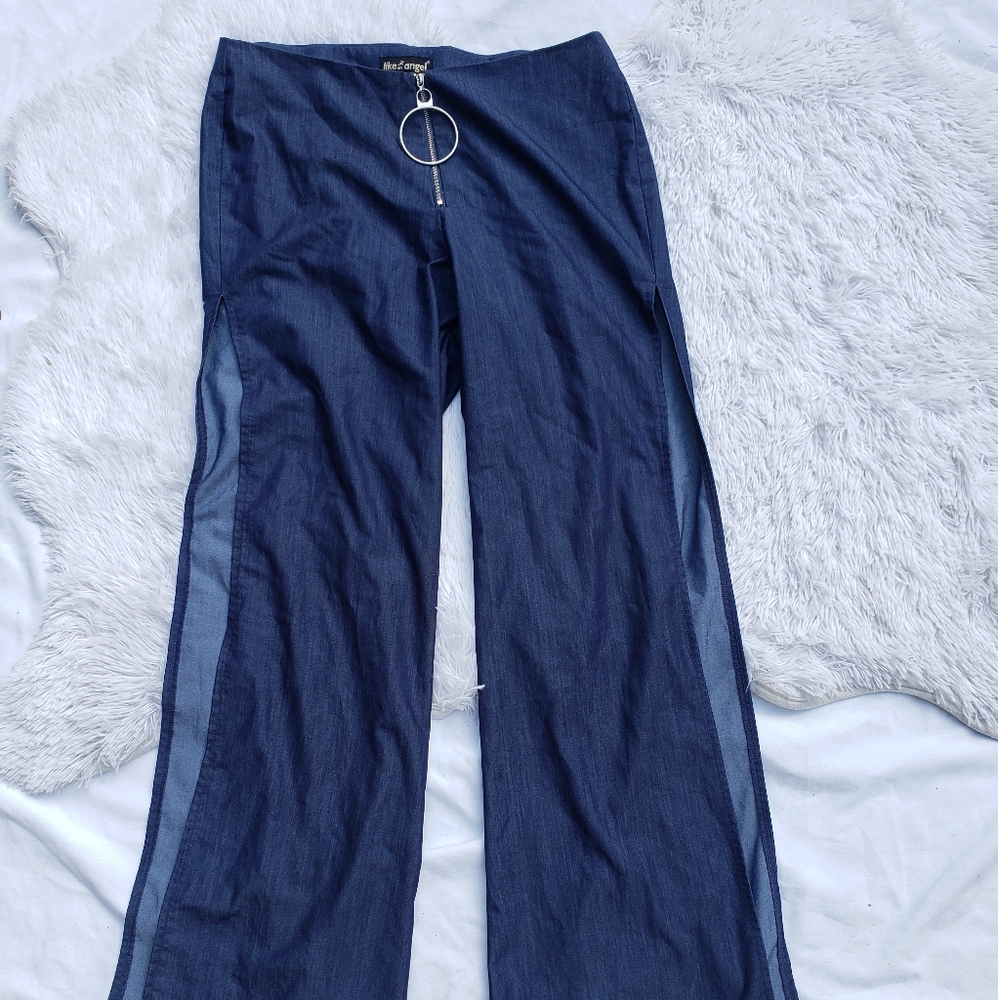 Chambray Pants Jeans Side Slits Wide Leg Party Fun
